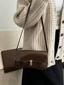 Women's Handbag Shoulder Bag, Solid Color With Gold Buckle, Vintage Classic Style, Suitable For Daily, Party, Work (Gift Bag Not Included) - Brown - View 10