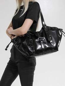 Cross-Border Premium Fashion Tote Bag For Women 2026 New Cool Large Capacity Handbag Rivet Shoulder Bag - Black - View 4