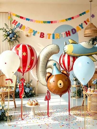 37pcs Number Foil Balloons, Including Bear, Airplane And Macaron Color Latex Balloons, Perfect For Birthday Party, Anniversary, Theme Party, Graduation Party, Back To School, Housewarming Party, Retirement Party