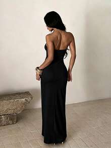 Elegant Sleeveless Cami Long Dress For Women, Knitted Fabric Asymmetrical Ruffle Slit Party Gown, Sexy Bodycon Formal Dress Summer Dress Black - Black - View 3