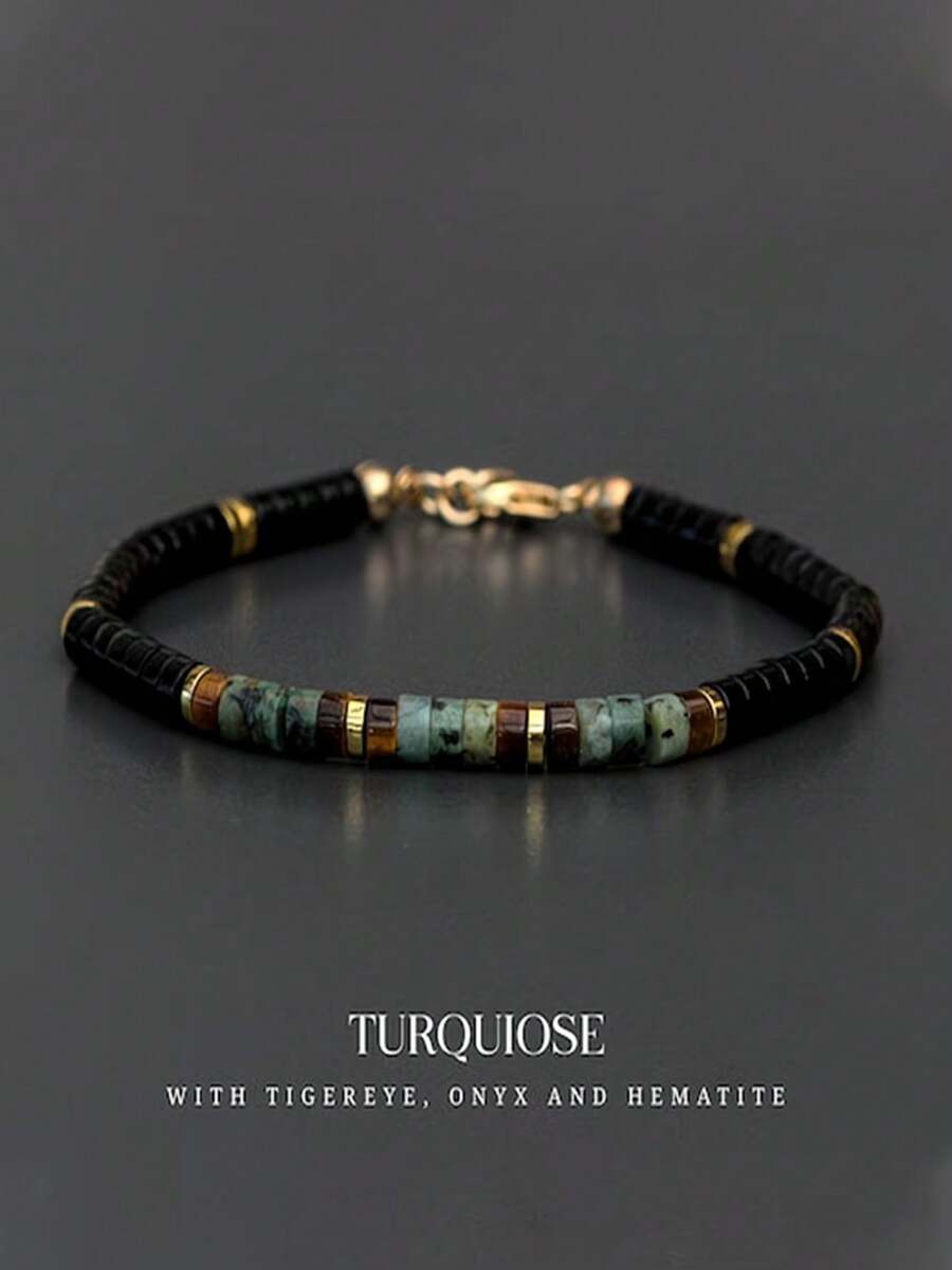 1pc Black Agate Tiger Eye African Turquoise Hematite Slice Bracelet 4mm Handmade Men's Bracelet Gift For Him - Multicolor - View 1