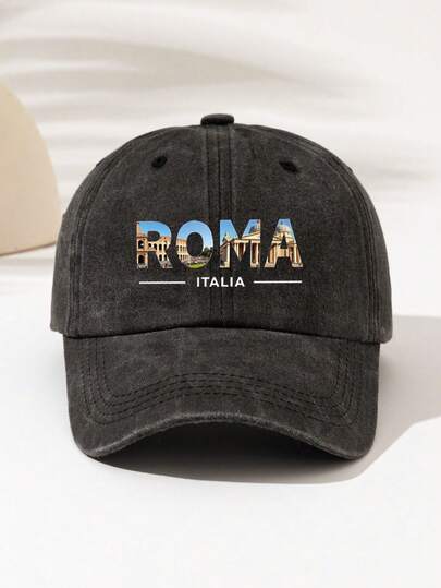 1pc Washed Baseball Cap "ROMA LTALIA" Graphic Letter Print Pattern, American Vintage Style Fashion Minimalist Casual Versatile , All-Season Decorative Item, Essential Fashion Piece For Women, Suitable For Outdoor Activities
