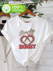 Camiseta de inspiración femenina con estampado de corazón de vaquera, 100% pura, con cuello redondo, estilo casual. - Blanco - Ver 1