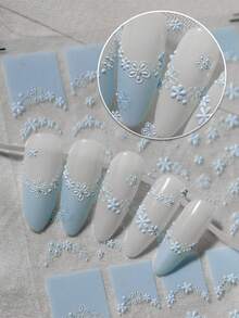 1pc Gentle Hazy French Blue 6D Semi-Transparent Embossed Nail Stickers, 3D Lace Texture Mini Floral, Paired With Multiple Curved French Lace Edges, Staggered Long And Short Flower Vines, Low Saturation Matte Light Blue Soft And Elegant, Delicate 3D Embossed Not Bulky, Semi-Transparent Base Film Suitable For Milky White, Nude Gray, Ice Transparent Nude Nail Polish Base Colors. Specifically For French Manicure Edging, Also Can Be Used For Single Flower Decoration And Patching - Multicolor - View 4