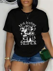 Camiseta de talla grande para mujer, de una pieza, con estampado de vaquero del oeste, cuello redondo casual, manga corta, elasticidad media, detalles de apliques, camiseta cómoda para prima - Negro - Ver 1