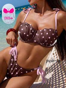 Voyashape Conjunto de bikini con sujetador con aros y relleno con forma de concha, tirantes y anudado en la cintura para mujer, estilo sexy talla DD+ - Marrón - Ver 2