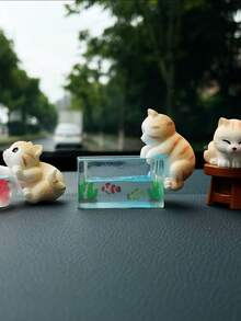 7pcs Set Cute Cat Catching Fish Car Dashboard Decoration, Creative And Fun Mini Fish Tank Cat Car Interior Ornament, Car Interior Decor (Includes Trace-Free Adhesive For Fixing) - Cat Catching Fish - View 2