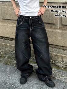Men's Pocket Versatile Daily Casual Curved Leg Wide Leg Jeans - Black - View 1