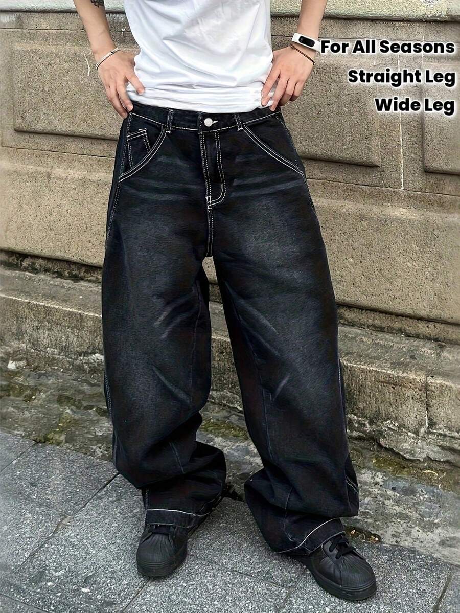 Men's Pocket Versatile Daily Casual Curved Leg Wide Leg Jeans - Black - View 1