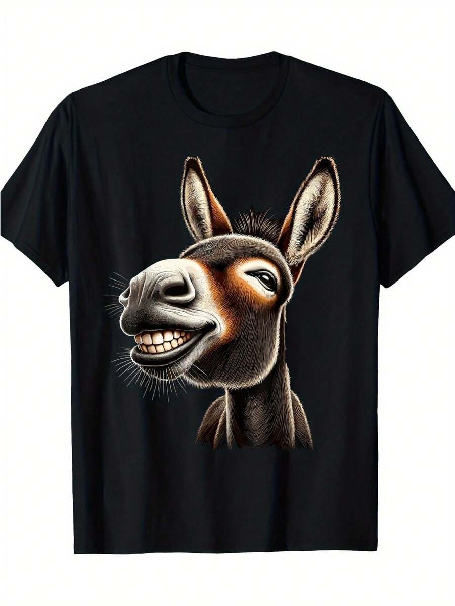 Camiseta Gráfica Divertida de Caballito Sonriente para Hombre - 100% Suave y Cómoda, Camiseta Casual de Manga Corta con Estampado de Caballito Marrón Expresivo, Lavable a Máquina, Camiseta d - Negro - Ver 1