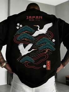 Camiseta de Algodón Puro para Hombre, Camiseta Negra con Estampado de "Grulla Japonesa", Estilo Oriental Artístico, Ajuste Cómodo - estilo2 - Ver 1