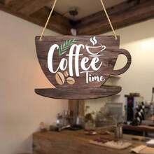 Rustic Farmhouse Coffee Cup Shaped Wooden Hanging Sign, Coffee Time Coffee Bean & Leaf Print Distressed Wooden Plaque With Jute Rope, Kitchen Coffee Bar Wall Decor, Home Coffee Station Decorative Gift For Coffee Lovers - Coffee Brown - View 1