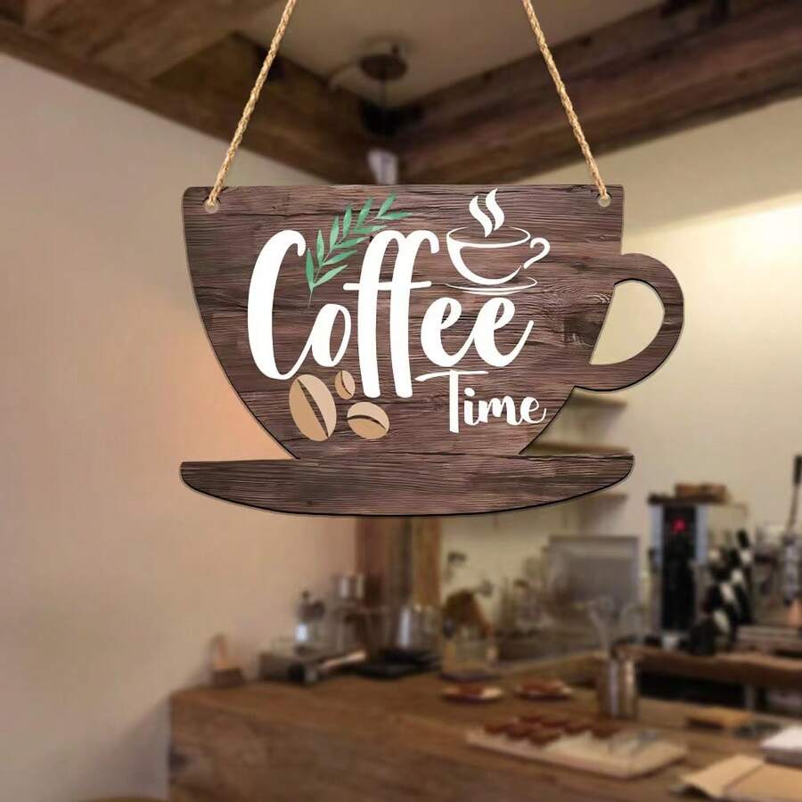 Rustic Farmhouse Coffee Cup Shaped Wooden Hanging Sign, Coffee Time Coffee Bean & Leaf Print Distressed Wooden Plaque With Jute Rope, Kitchen Coffee Bar Wall Decor, Home Coffee Station Decorative Gift For Coffee Lovers - Coffee Brown - View 1