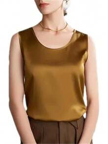 Charmeuse - playera sin mangas de satén para mujer, blusa de verano elegante de satén - Negro - Ver 13