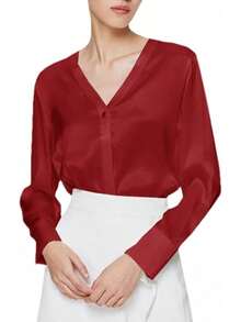 Blusa de manga larga brillante con cuello en V profundo para mujer - Rojo vino - Ver 7