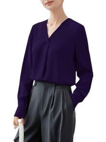 Blusa holgada formal con cuello en V y manga larga para mujer, con pliegues de negocios - azul claro - Ver 13