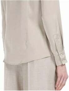 Blusa de seda de manga larga brillante para mujer, con botones y solapa formal - Azul marino - Ver 6