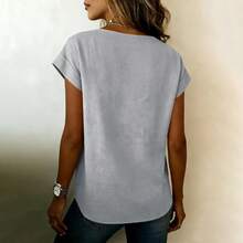 JOAU - Camisetas de algodón y lino para mujer, estilo casual, manga corta, cuello en V, holgadas, ligeras, de gasa - Gris - Ver 3