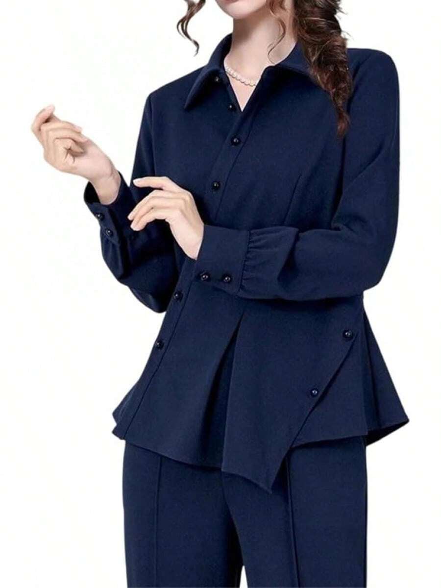 Blusas asimétricas de manga larga con solapa para mujer, blusas asimétricas con botones, ajustadas, de primavera - Azul - Ver 1