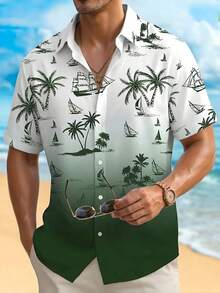 Men's Gradient Color Nautical Print Button-Down Short Sleeve Shirt Open Front Top - Green - View 3