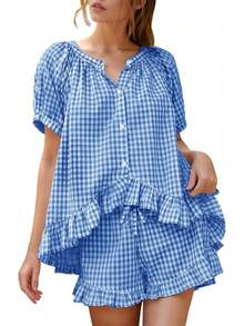 Flygo - Conjunto de pijama de cuadros para mujer, 2 piezas, de algodón, manga abombada, con volantes, conjunto de pijama de verano - Sandía - Ver 17