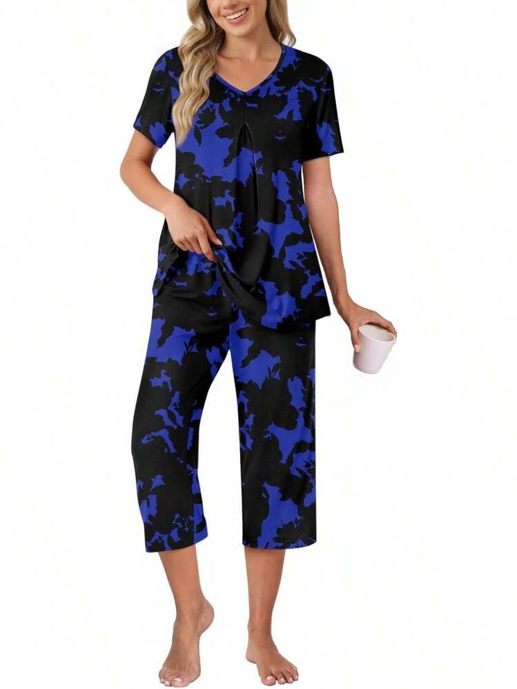 Anyally - Conjunto de pijama de verano para mujer, camisa de manga corta y pantalones capri de 2 piezas, pijama plisado con bolsillos - Mariposa verde plisada - Añade 18