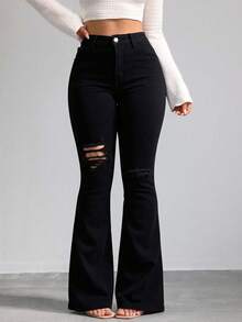 Pantalones campana largos hasta el suelo de cintura alta con roturas unilaterales en las rodillas, alta elasticidad ajustado disponible en múltiples tonos caída fluida retro - Negro - Ver 2