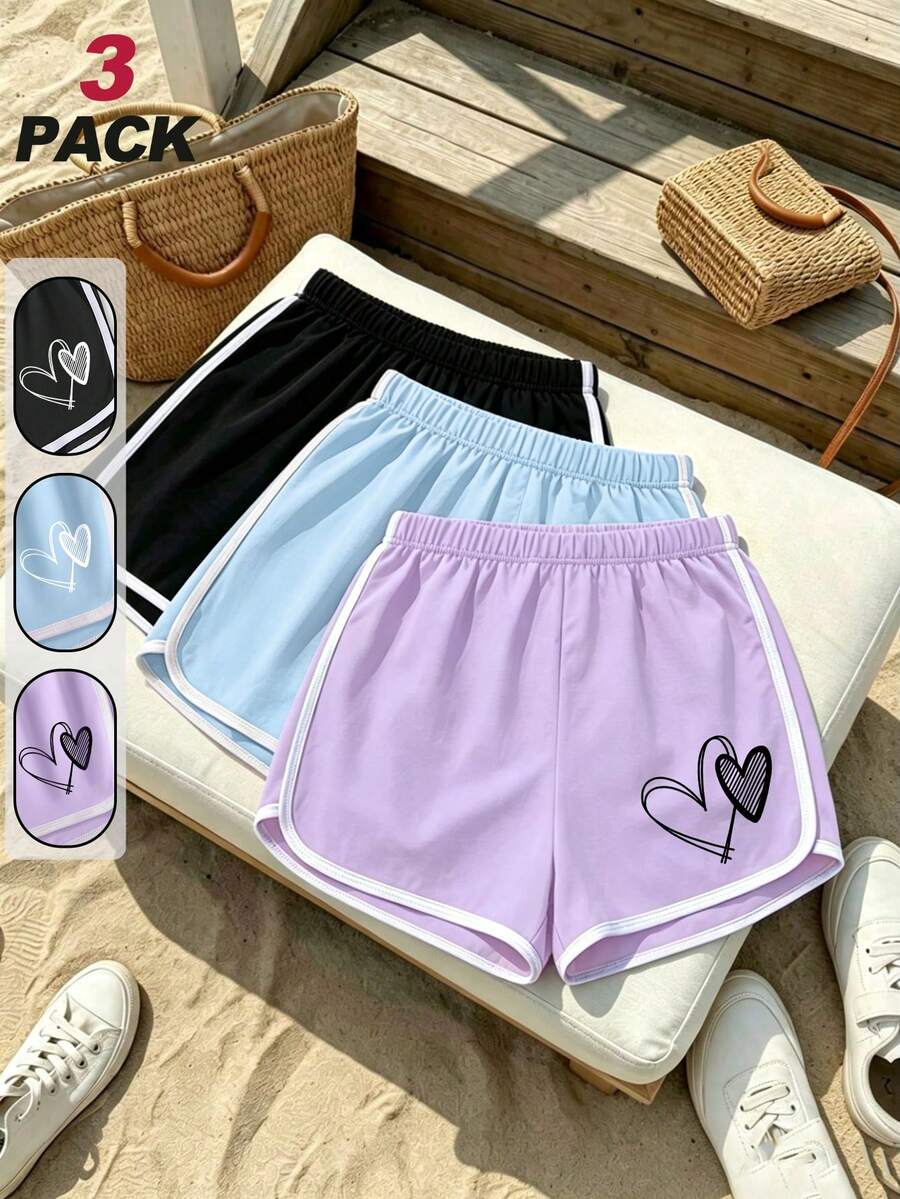 3pcs/Set Girls Cute Heart Print Sports Shorts, Soft Comfortable Summer Casual Shorts, Suitable For Big Girls - Multicolor - View 1