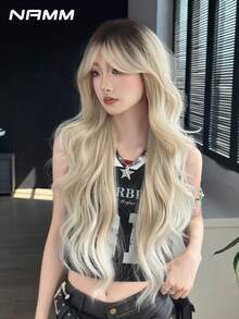 NAMM 28-Inch Extra Long Wavy Light Golden Wig For WomenWith Curtain Bangs Dark Roots, Synthetic Fiber Hair Full Machine Costume Hair Wigs For Cosplay Decoration Music Festival Dance Party Street Wear Use-Beginners Glueless Wig Accessories - Gold - View 2