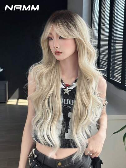 NAMM 28-Inch Extra Long Wavy Light Golden Wig For WomenWith Curtain Bangs Dark Roots, Synthetic Fiber Hair Full Machine Costume Hair Wigs For Cosplay Decoration Music Festival Dance Party Street Wear Use-Beginners Glueless Wig Accessories