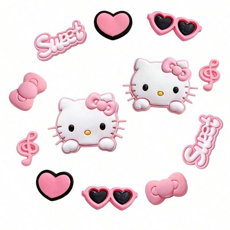 12件/10件 Sanrio Hello Kitty 經典角色公仔套組，適用於鞋子裝飾、包包裝飾、行李裝飾，美化鞋子與靴子，假日派對小禮物的完美選擇（不含鈕扣） - 查看 8