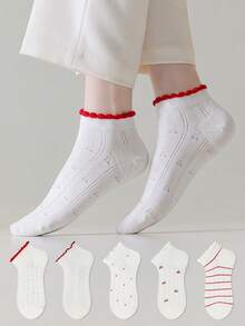 ZUJO 5 pares de calcetines cortos para mujer en blanco y rojo, con patrón de cereza, corazón y rayas, adecuados para todo el año, simples y cómodos, color aleatorio - Multicolor - Ver 2