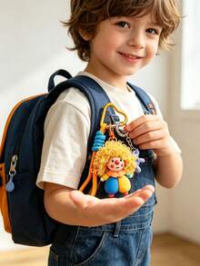 Cute 3D Curly Hair Clown Plush Bag Charm, Exquisite Handmade Resin Pendant With Heart-Shaped Clasp And Braided Hanging Rope, Fashionable And Adorable Backpack Accessory, Suitable For Back To School Decoration, Children's Birthday Gift, Also Can Be Used As Decoration For Daily Handbag Or Car Key - Multicolor - View 1