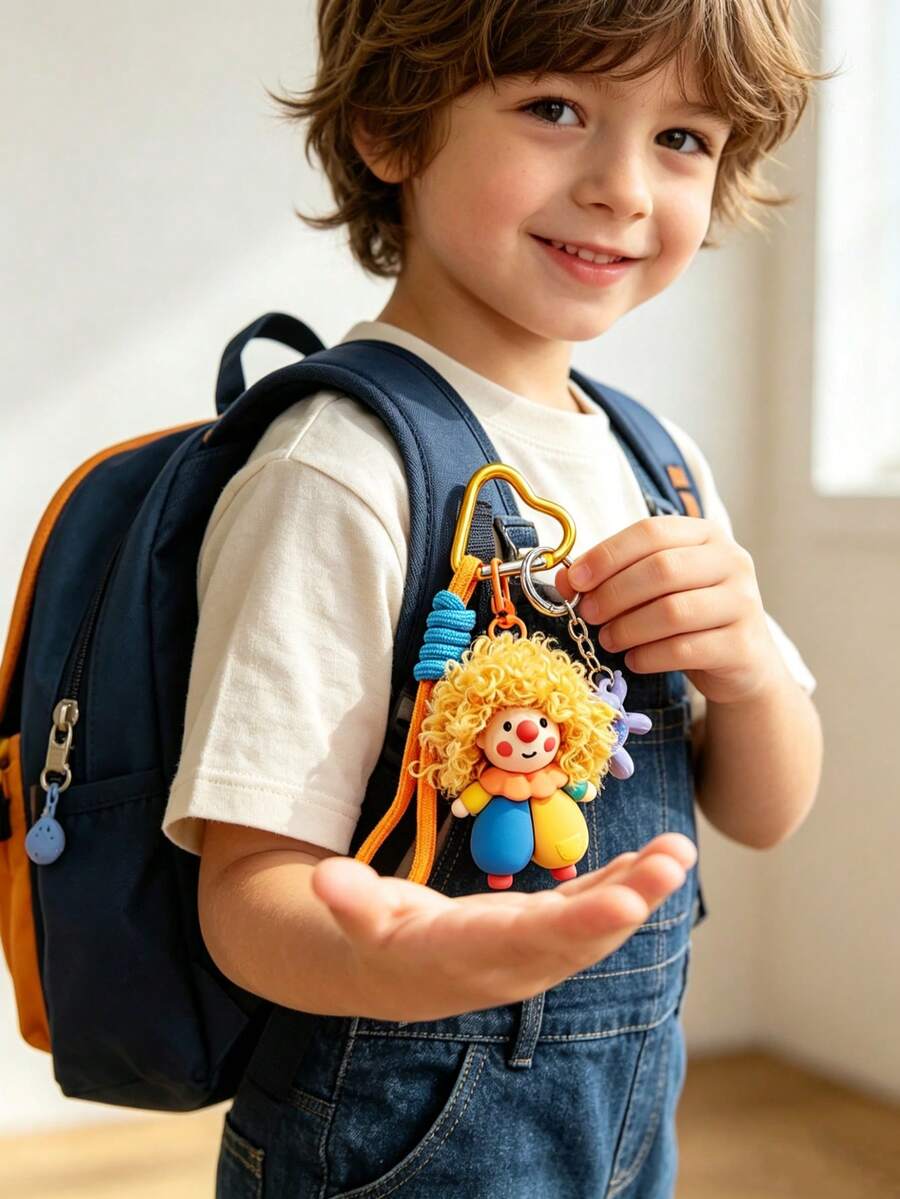Cute 3D Curly Hair Clown Plush Bag Charm, Exquisite Handmade Resin Pendant With Heart-Shaped Clasp And Braided Hanging Rope, Fashionable And Adorable Backpack Accessory, Suitable For Back To School Decoration, Children's Birthday Gift, Also Can Be Used As Decoration For Daily Handbag Or Car Key - Multicolor - View 1