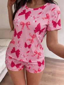 Women's Casual Comfortable Pajama Set, Round Neck Short Sleeve Top And Shorts, Soft Comfortable Minimalist, Bow Print Style, Suitable For Spring And Summer - Hot Pink - View 1