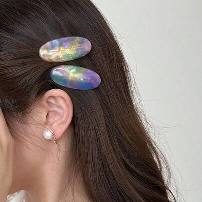 6個セット アセテート製ヘアクリップ 小サイズ 楕円形 幾何学模様 サイドヘアピン カラフル かわいい スイート レディースヘアアクセサリー 夏 休日 旅行 フェスティバル パーティー (ランダムカラー)