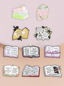 10pcs Bookworm Reading Quotes Enamel Brooch Set, Literary Floral Lapel Pins, Backpack Decoration Gift For Literature Lovers - Multicolor - View 1