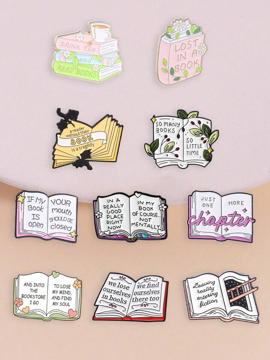 10pcs Bookworm Reading Quotes Enamel Brooch Set, Literary Floral Lapel Pins, Backpack Decoration Gift For Literature Lovers - Multicolor - View 1