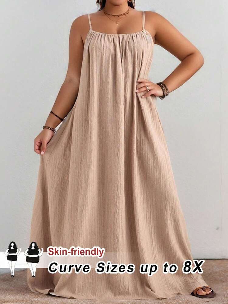 CURVE+ Vestido Casual Plisado de Talla Grande en Verde Salvia, Estilo Boho de Verano, Ideal para Vacaciones, Fiestas de Cumpleaños, Graduaciones, Uso Diario y para Estudiantes. - Caqui - Añade 1