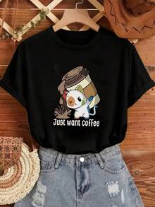 Camisetas de manga corta de cuello redondo de talla grande para mujer - Estampado casual con diseño de gato y café 4FQH - Negro - Ver 2
