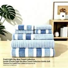 8pcs Striped Soft Absorbent Quick-Dry Bathroom Towel Set, Towel Set - Multicolor - View 10