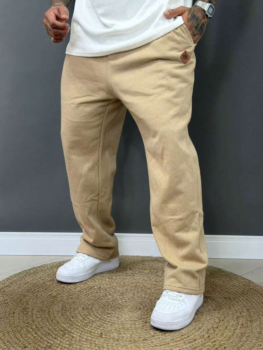 Men's Oversized Baggy Straight Leg Sweatpants With Fleece Lining - Beige - View 1