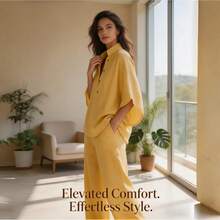 Conjunto de Dos Piezas de Lino y Algodón para Mujer con Manga de Murciélago, Camisa con Botones y Pantalones de Pierna Ancha, Atuendo Casual de Verano - Amarillo - Ver 4