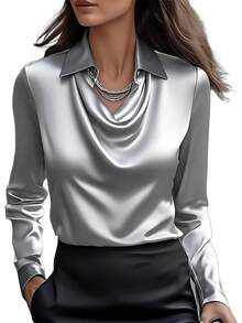 sa de satén con cuello dudete para mujer Genérico – Elegantes blusas de seda de manga larga, camisas de trabajo casuales y elegantes para oficina, invitadas de boda y atuendos escolares 2025 - Rojo - Ver 12