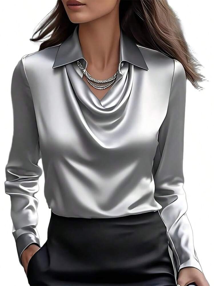 sa de satén con cuello dudete para mujer Genérico – Elegantes blusas de seda de manga larga, camisas de trabajo casuales y elegantes para oficina, invitadas de boda y atuendos escolares 2025 - Negro - Añade 11