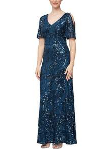 Alex Evenings - Vestido Largo para Madre de la Novia con Mangas voladas para Mujer con Cintura Imperio Fruncido (Tallas pequeñitas y Normales) - Malla azul eléctrica - Ver 26