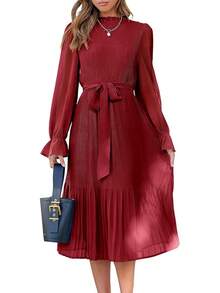 ANRABESS - Vestido midi floral para mujer, manga larga, con volantes, de gasa, acampanado, plisado, con cinturón, vestido de fiesta para té - Rosa nariz roja - Ver 21