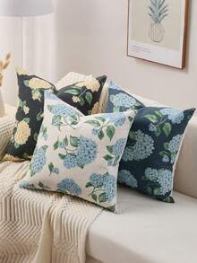 1pc Navy Blue Hydrangea Floral Decor Vintage Floral Woodblock Print Pillowcase, Suitable For Summer Autumn Outdoor Farmhouse Style Sofa Bed Cushion Decorative Pillowcase, Dorm Bedroom Home Living Room Decor, Thanksgiving Halloween Gift - Beige - View 3