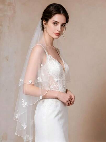 1pc Handmade Floral Trimmed Cute Double Layer Bridal Veil Valentine's Day Valentines