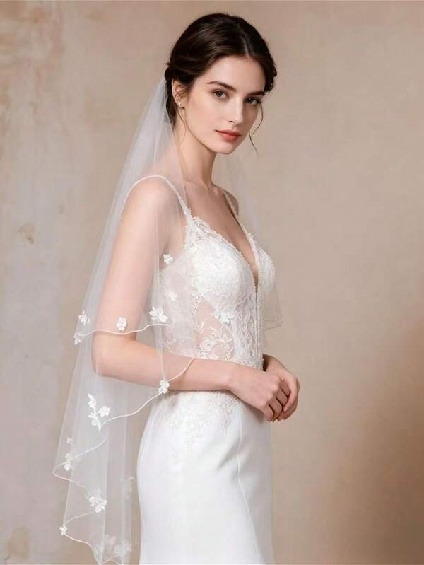 1pc Handmade Floral Trimmed Cute Double Layer Bridal Veil Valentine's Day Valentines